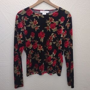VINTAGE 90S STRETCH VELVET FLORAL LONG SLEEVE SHIRT WOMEN'S SIZE LARGE